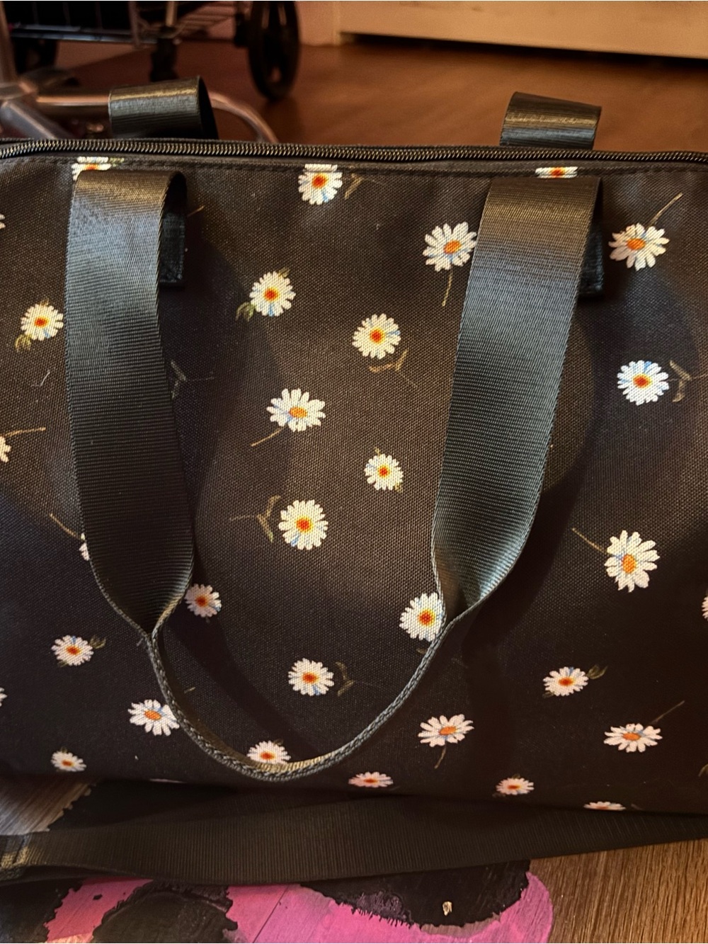 Black Daisy Print Tote Bag with Ribbon Handles